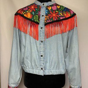 Upcycled Vintage Embroidered Embellished "Frida" Inspired Denim Shacket L